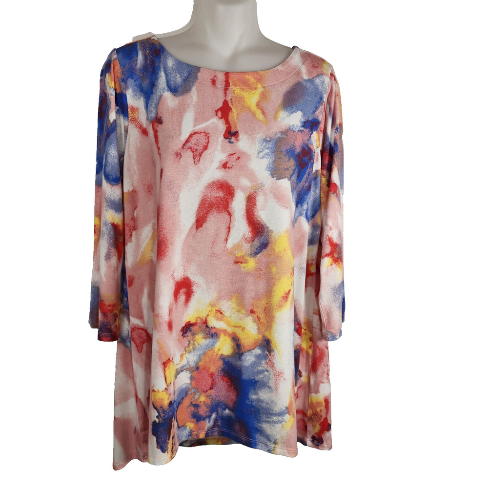 Belle by Kim Gravel Watercolor Printed Tunic Top Pink 3/4 Sleeve Knit S Hi Low